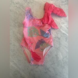 The Beaufort Bonnet Pink Cabana Tropical baby Swimsuit with Bow 6-12 months